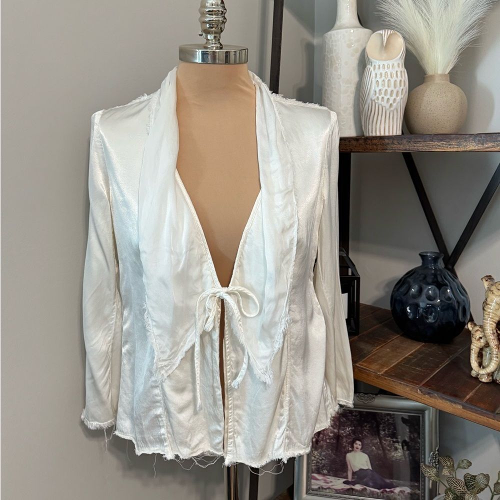 Jaga Satin Ivory Blazer Jacket Raw Hem Edges Womens SZ 1 (US 6) Tie Close Rayon